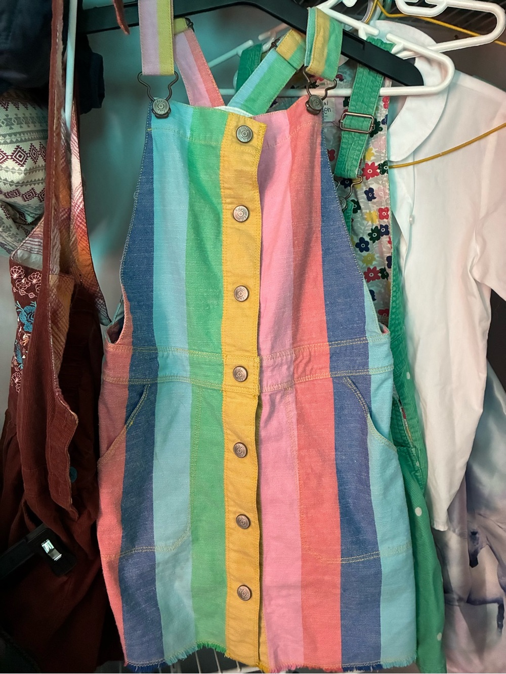 Rainbow Striped Button-Front Overall Dress 9/10 Mini Boden
